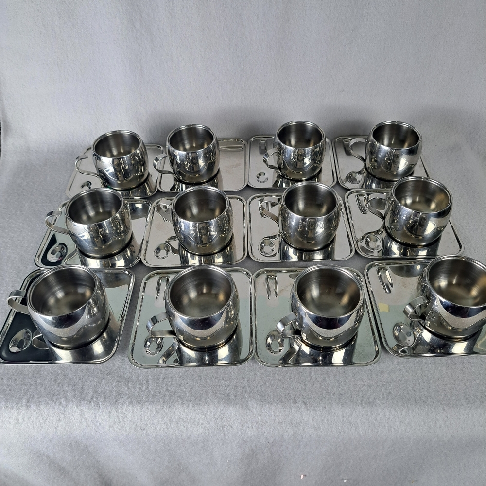 Tramontina Vintage Espresso Cups & Saucers 18/8 Stainless Steel Brazil Set of 12